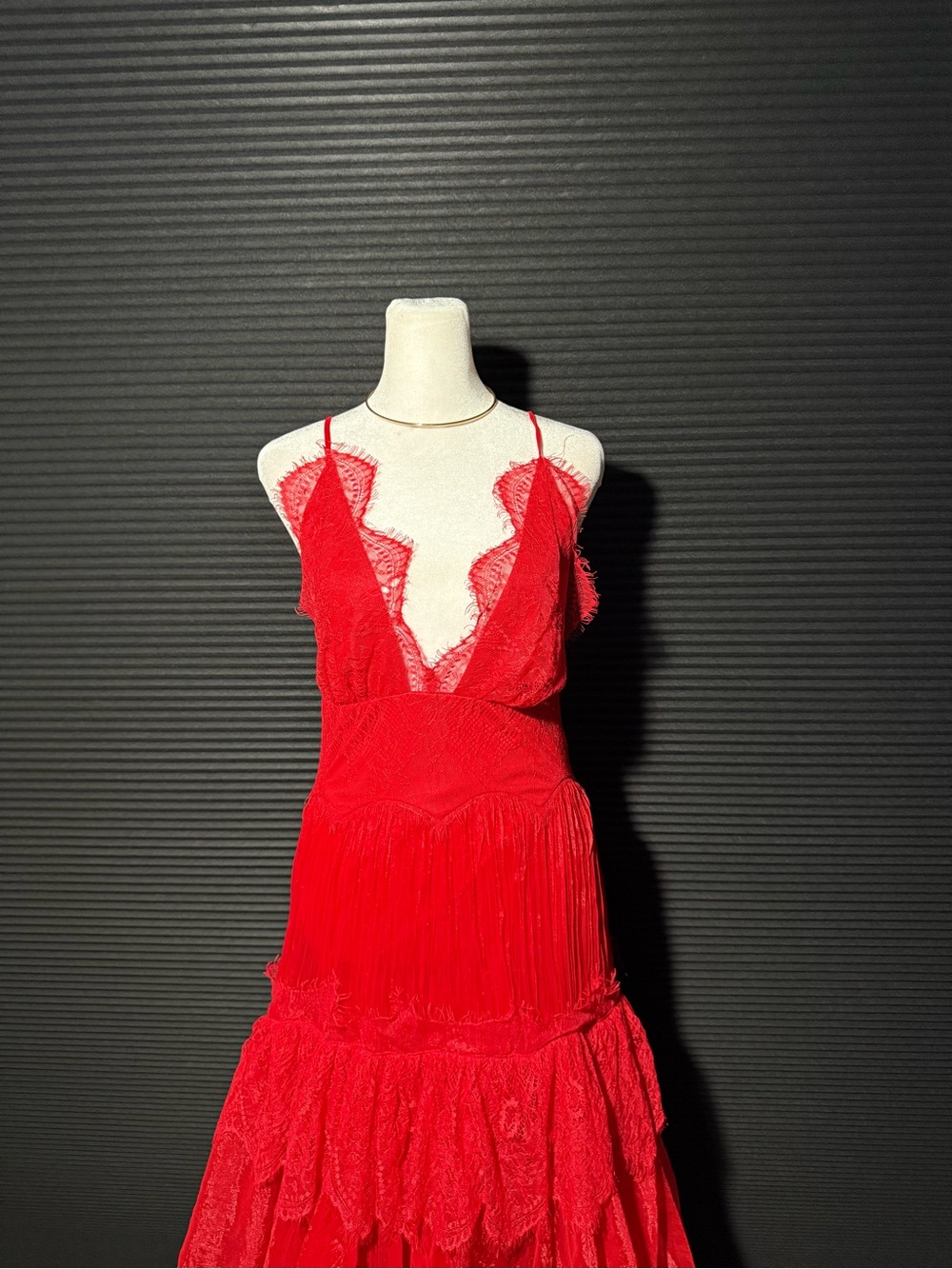 Luxe Vibrant Red Lace Fringe Maxi Dress
